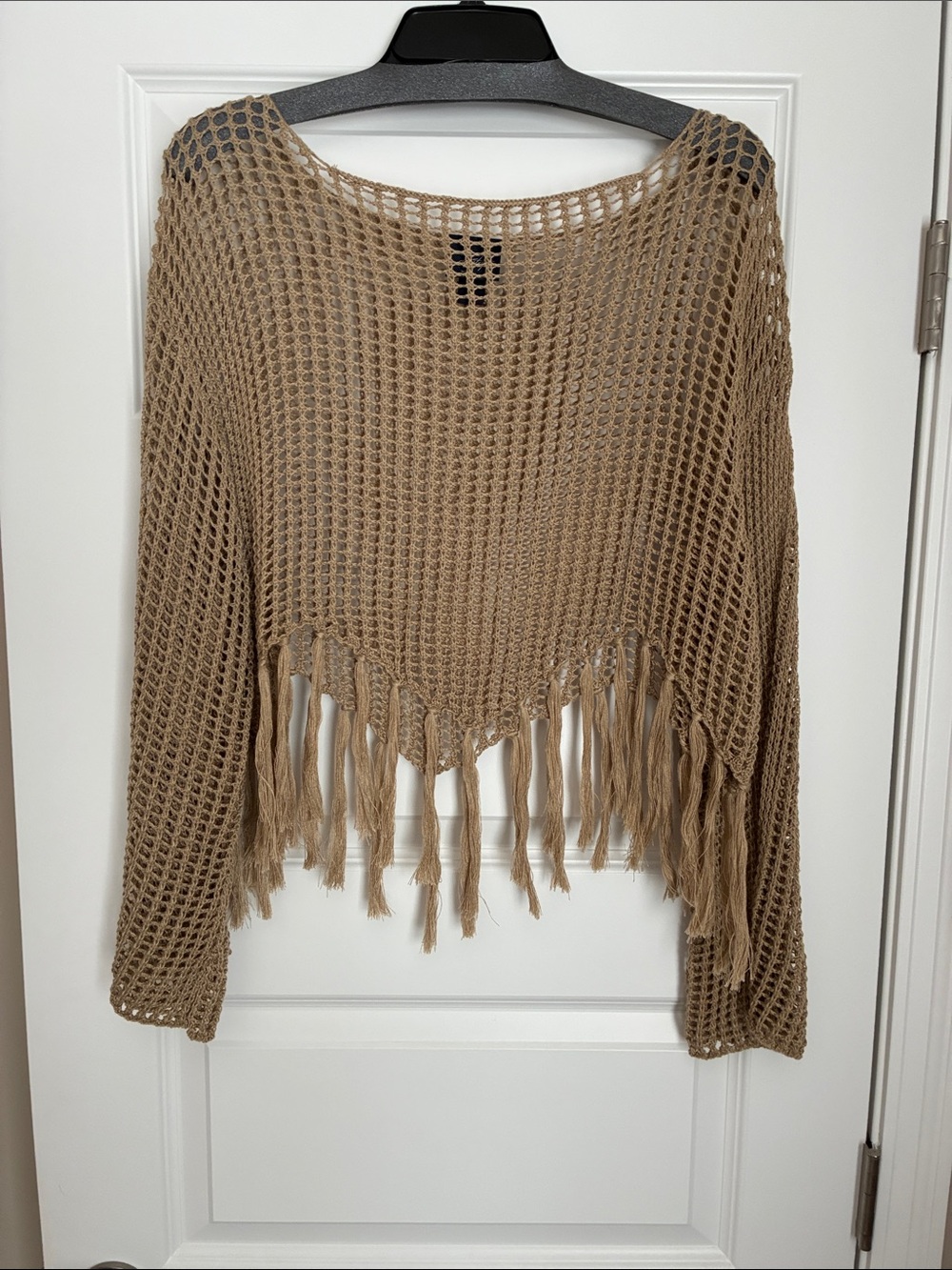 Buckle Tan Open-Knit Fringe Poncho Sweater